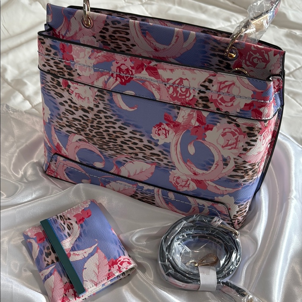 VENUS Blue and Pink Shoulder Bag And Matching Wallet with Eclectic Pattern.